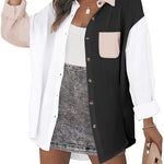 Nadorine Color Block Button Down Shirts Long Sleeve Linen Shirt-Nadorine
