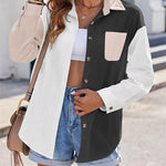 Nadorine Color Block Button Down Shirts Long Sleeve Linen Shirt-Nadorine