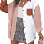 Nadorine Color Block Button Down Shirts Long Sleeve Linen Shirt-Nadorine