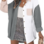 Nadorine Color Block Button Down Shirts Long Sleeve Linen Shirt-Nadorine
