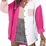 Nadorine Color Block Button Down Shirts Long Sleeve Linen Shirt-Nadorine