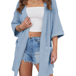 Women's Summer Cardigans 3/4 Sleeve Open Front Cardigan Duster Waffle Knit Kimono Swimsuit Cover Ups - Nadorine (Us Only)