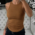 Round Neck Sleeveless Side Ruched Tank Slim Fit Ribbed Racerback Tank Top