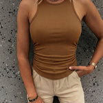 Round Neck Sleeveless Side Ruched Tank Slim Fit Ribbed Racerback Tank Top