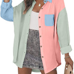 Nadorine Color Block Button Down Shirts Long Sleeve Linen Shirt-Nadorine
