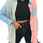 Nadorine Color Block Button Down Shirts Long Sleeve Linen Shirt-Nadorine