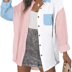 Nadorine Color Block Button Down Shirts Long Sleeve Linen Shirt-Nadorine