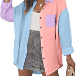 Nadorine Color Block Button Down Shirts Long Sleeve Linen Shirt-Nadorine