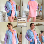 Nadorine Color Block Button Down Shirts Long Sleeve Linen Shirt-Nadorine