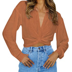 Zeagoo Women's V Neck Twist Hem Blouse Long Sleeve Crop Top Casual Button Shirts