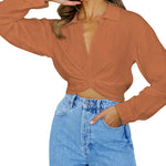 Zeagoo Women's V Neck Twist Hem Blouse Long Sleeve Crop Top Casual Button Shirts