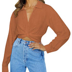 Zeagoo Women's V Neck Twist Hem Blouse Long Sleeve Crop Top Casual Button Shirts