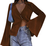 Women's Deep V Neck Shirt Button Front Blouse Bell Long Sleeve Tops - Nadorine (Us Only)