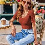 Nadorine Short Sleeve Square Neck Slim Fitted Tops