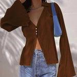 Women's Deep V Neck Shirt Button Front Blouse Bell Long Sleeve Tops - Nadorine (Us Only)