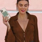 Women's Deep V Neck Shirt Button Front Blouse Bell Long Sleeve Tops - Nadorine (Us Only)