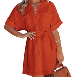 Women's Shirt Dress Button Down V Neck Blouse Short Roll-up Sleeve Tunic Tops with Pockets - Nadorine (Us Only)