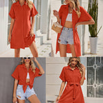 Women's Shirt Dress Button Down V Neck Blouse Short Roll-up Sleeve Tunic Tops with Pockets - Nadorine (Us Only)