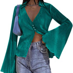Women's Deep V Neck Shirt Button Front Blouse Bell Long Sleeve Tops - Nadorine (Us Only)
