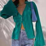 Women's Deep V Neck Shirt Button Front Blouse Bell Long Sleeve Tops - Nadorine (Us Only)