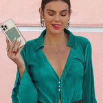 Women's Deep V Neck Shirt Button Front Blouse Bell Long Sleeve Tops - Nadorine (Us Only)
