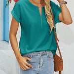 Women's Casual Rolled Short Sleeve Tops Half Zip Shirts Loose Waffle Knit T Shirts Blouse - Nadorine (Us Only)