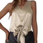 Womens Silk Satin Front Tie Tank Tops V Neck Camisole Fashion Sleeveless Causal Cami Shirt S-XXL - Nadorine (Us Only)