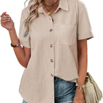 Nadorine Color Block Short Sleeve Cotton Linen Causal Tops