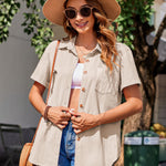 Nadorine Color Block Short Sleeve Cotton Linen Causal Tops