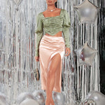 Women's Satin Midi Skirt High Waist Split Thigh Solid Zipper Skirt - Nadorine (Us Only)