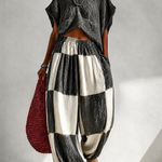 Pleated Crop Top & Color Block Wide Leg Plaid Pants Two Piece Vacation Set