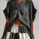 Pleated Crop Top & Color Block Wide Leg Plaid Pants Two Piece Vacation Set