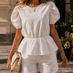 Women's 2 Piece Eyelet Embroidery Outfits Puff Sleeve Peplum Top and Shorts Set Casual Vacation Suit