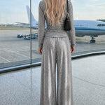 Women's 2 Piece Knit Lounge Set Long Sleeve Tie Waist Top and High Waisted Wide Leg Pants Casual Soft Sweatsuit with Pockets