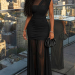 Mock Neck Sleeveless Sheer Mesh Spliced Maxi Dress Elegant Cinched Waist Zipper Side Ruched Evening Dress