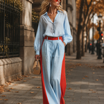 Stylish Casual Blue Striped Shirt And Color-Block Wide-Leg Pants Cotton-Linen Set