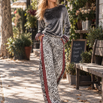 Chic Casual Striped Trim Grey T-shirt And Leopard-print Wide-leg Trousers Velvet Set