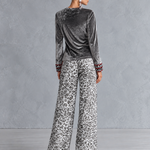 Chic Casual Striped Trim Grey T-shirt And Leopard-print Wide-leg Trousers Velvet Set