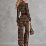 Retro Chocolate Brown Plaid Velvet Front-Zip Jumpsuit