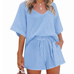 Women's 2 Piece Cotton Linen Tracksuit Short Sleeve Casual Shorts Set V Neck Beach Outfits - Nadorine (Us Only)