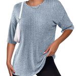 Nadorine Ribbed Knit Short Sleeve Casual Tunic Tops