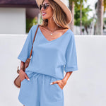 Women's 2 Piece Cotton Linen Tracksuit Short Sleeve Casual Shorts Set V Neck Beach Outfits - Nadorine (Us Only)