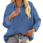 Nadorine Women's Corduroy Tops for Women Lapel V Neck Shirts Long Sleeve Blouses Casual Sweatsuit with Pockets