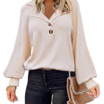 Nadorine Women V Neck Sweater Lantern Sleeve Drop Shoulder Oversized Henley Knit Pullover Tops S-XXL