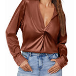 Satin V Neck Twist Front Silk Shirts - Nadorine (Us Only)