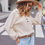 Nadorine Women V Neck Sweater Lantern Sleeve Drop Shoulder Oversized Henley Knit Pullover Tops S-XXL