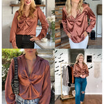 Satin V Neck Twist Front Silk Shirts - Nadorine (Us Only)