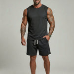 KZZ Men's Solid-Color Ribbed Sleeveless Vest and Shorts Two-Piece Set