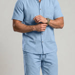 KZZ Men's Solid-Color Linen Shirt and Shorts Set