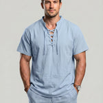 KZZ Men's summer linen stand-up collar short-sleeved shirt